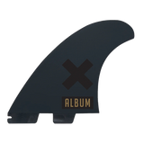 Reverse of the Album twin fin showing the black cross and gold Album logo
