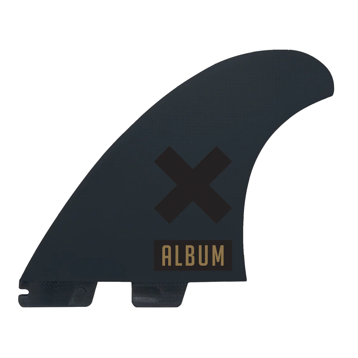Reverse of the Album twin fin showing the black cross and gold Album logo
