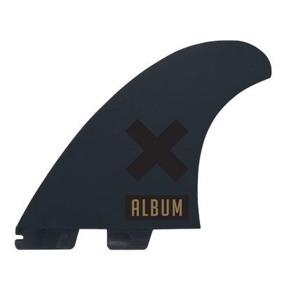 Reverse of the Album twin fin showing the black cross and gold Album logo