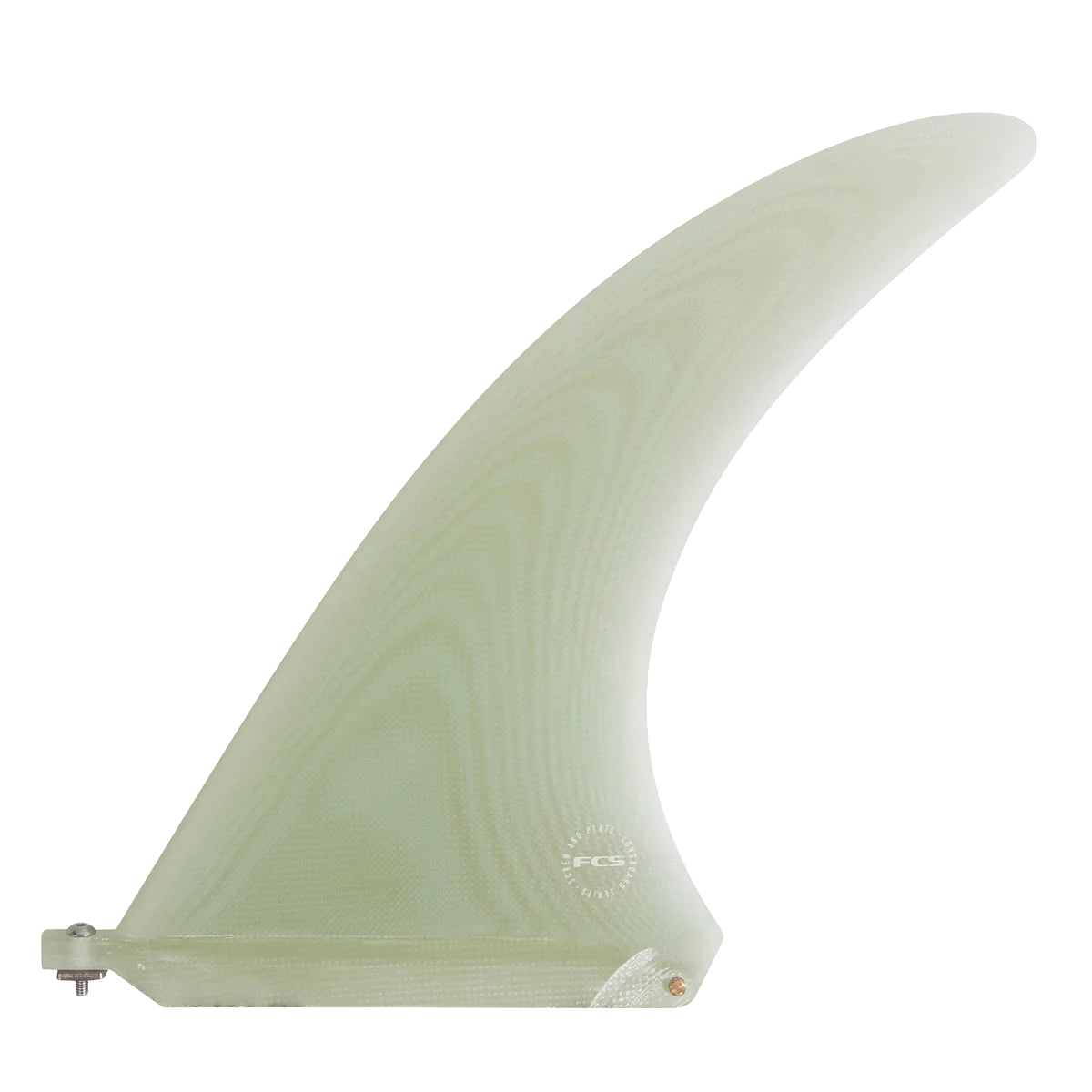 Clear Flow longboard fin with elongated base and screw and plate fastening