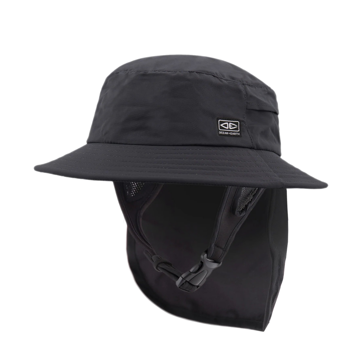 Ocean & Earth Indo Stiff Peak Surf Hat: Black stiff-peak hat with neck flap