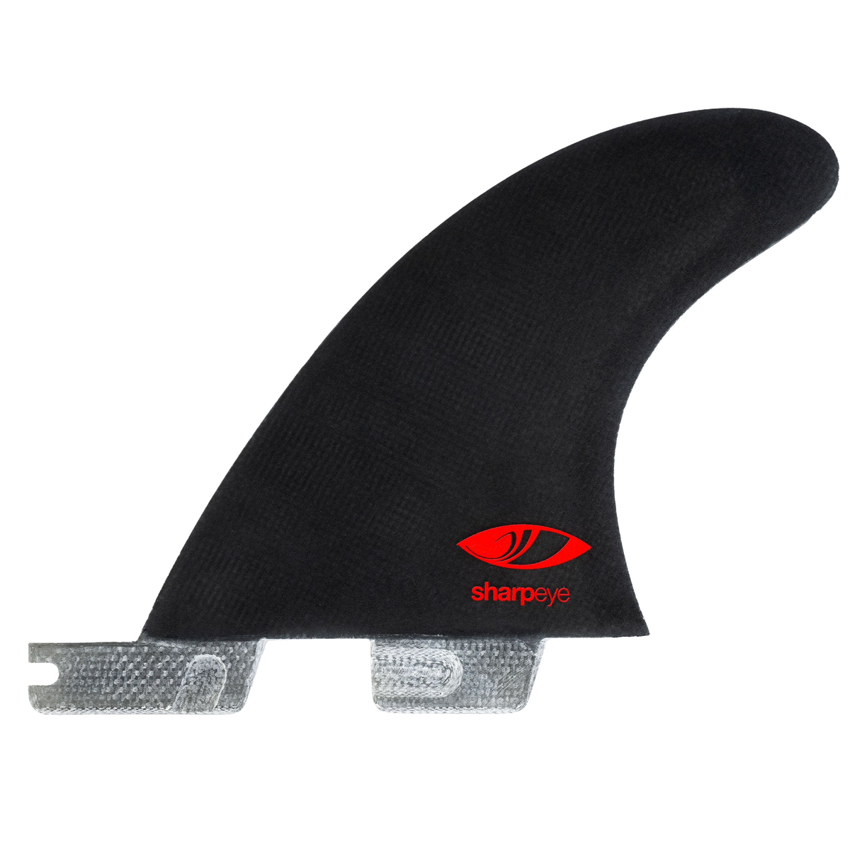 FCS II Sharp Eye Tri Fin Set - PC Carbon + AirCore: reverse black face showing a red eye logo