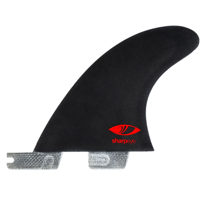 FCS II Sharp Eye Tri Fin Set - PC Carbon + AirCore: reverse black face showing a red eye logo