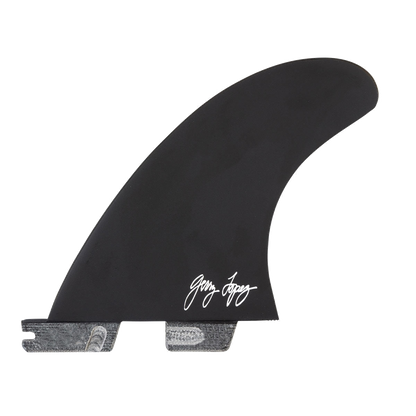 FCS II Gerry Lopez Tri-Quad Fins - Performance Core: reverse black face showing the Gerry Lopez signature