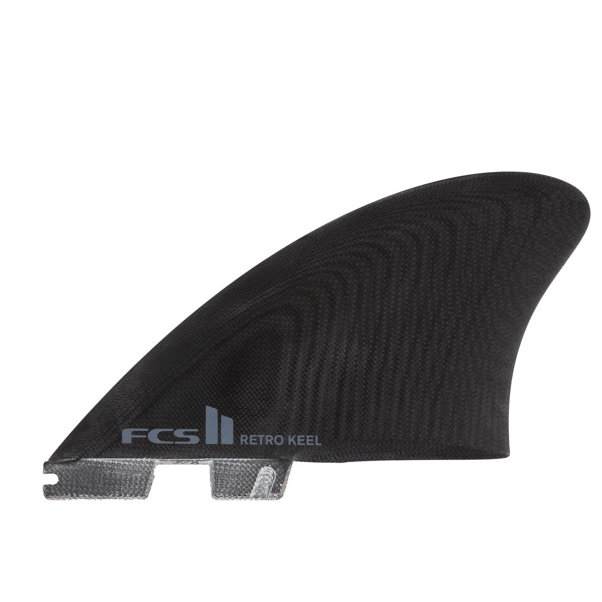 FCS II Retro Keel Twin Fins - Performance Glass: black Retro Keel fin with subtle wave pattern