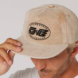 Ocean & Earth Heritage Cap: Almond cap brim and logo close-up