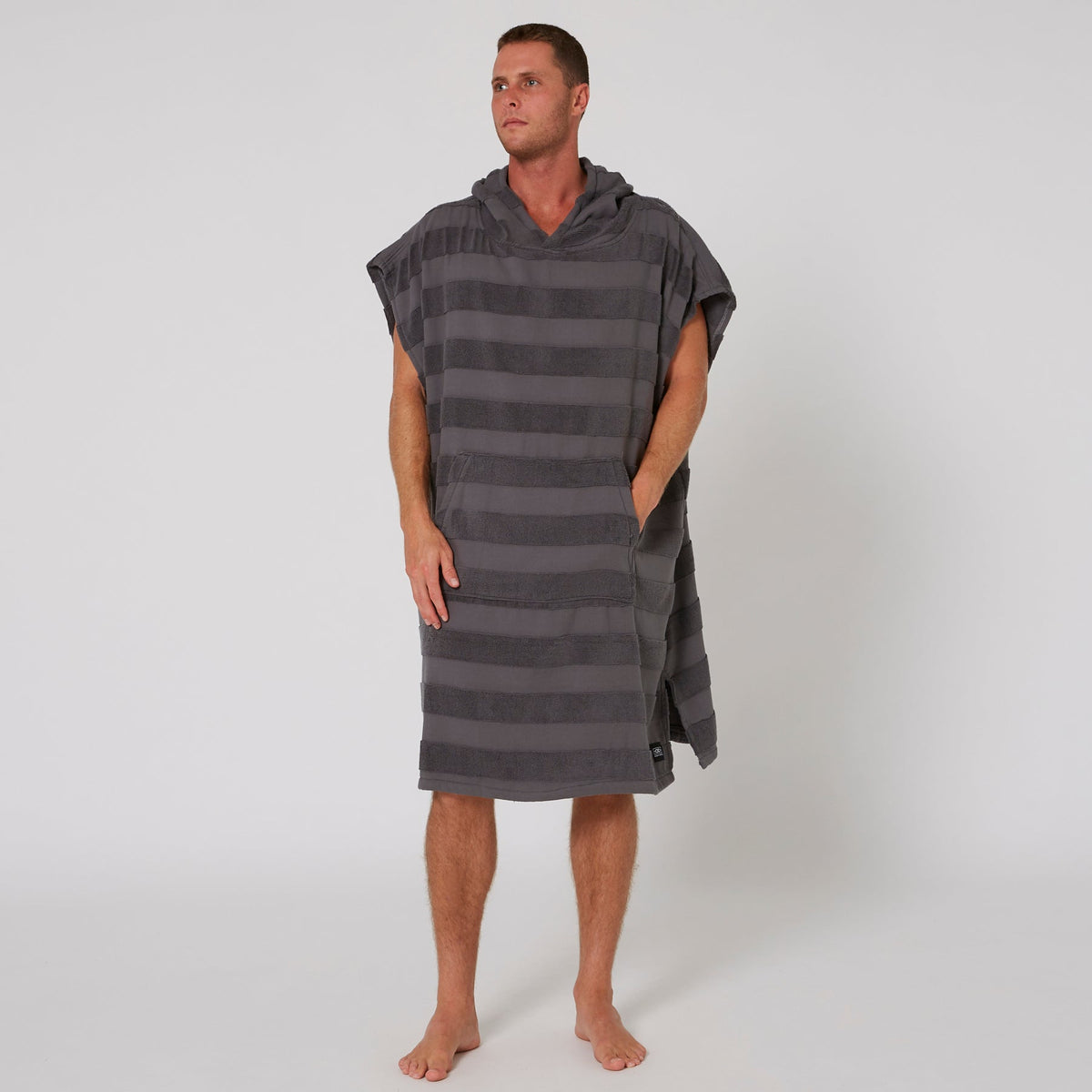 Ocean & Earth Mens Layz Hooded Poncho: Charcoal poncho worn, front view