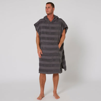Ocean & Earth Mens Layz Hooded Poncho: Charcoal poncho worn, front view