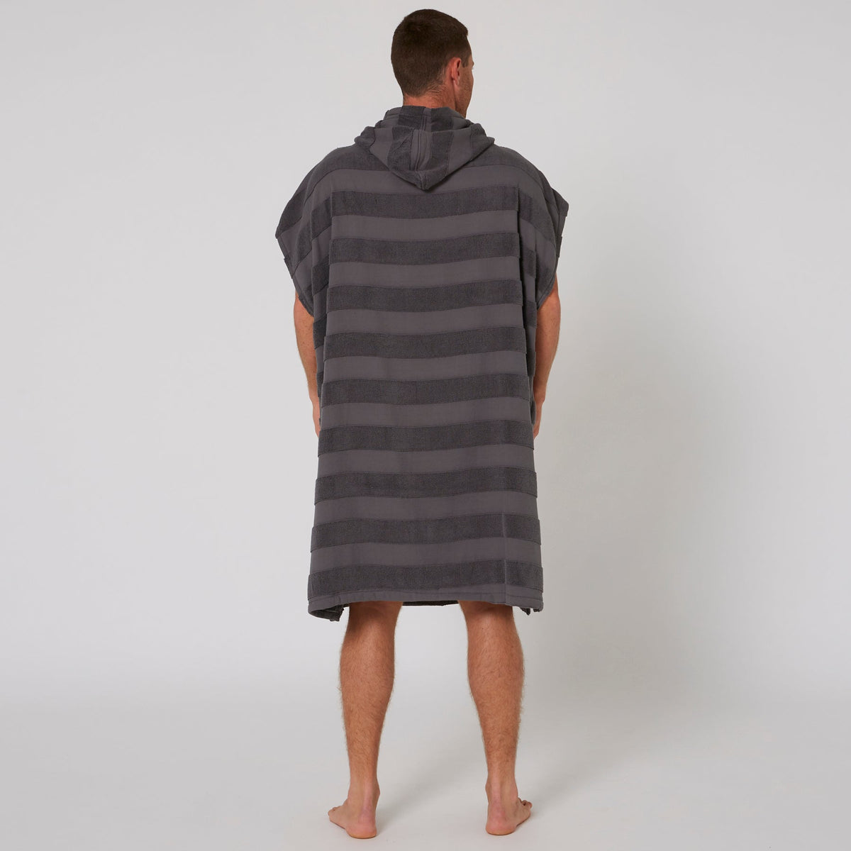 Ocean & Earth Mens Layz Hooded Poncho: Charcoal poncho worn, rear view