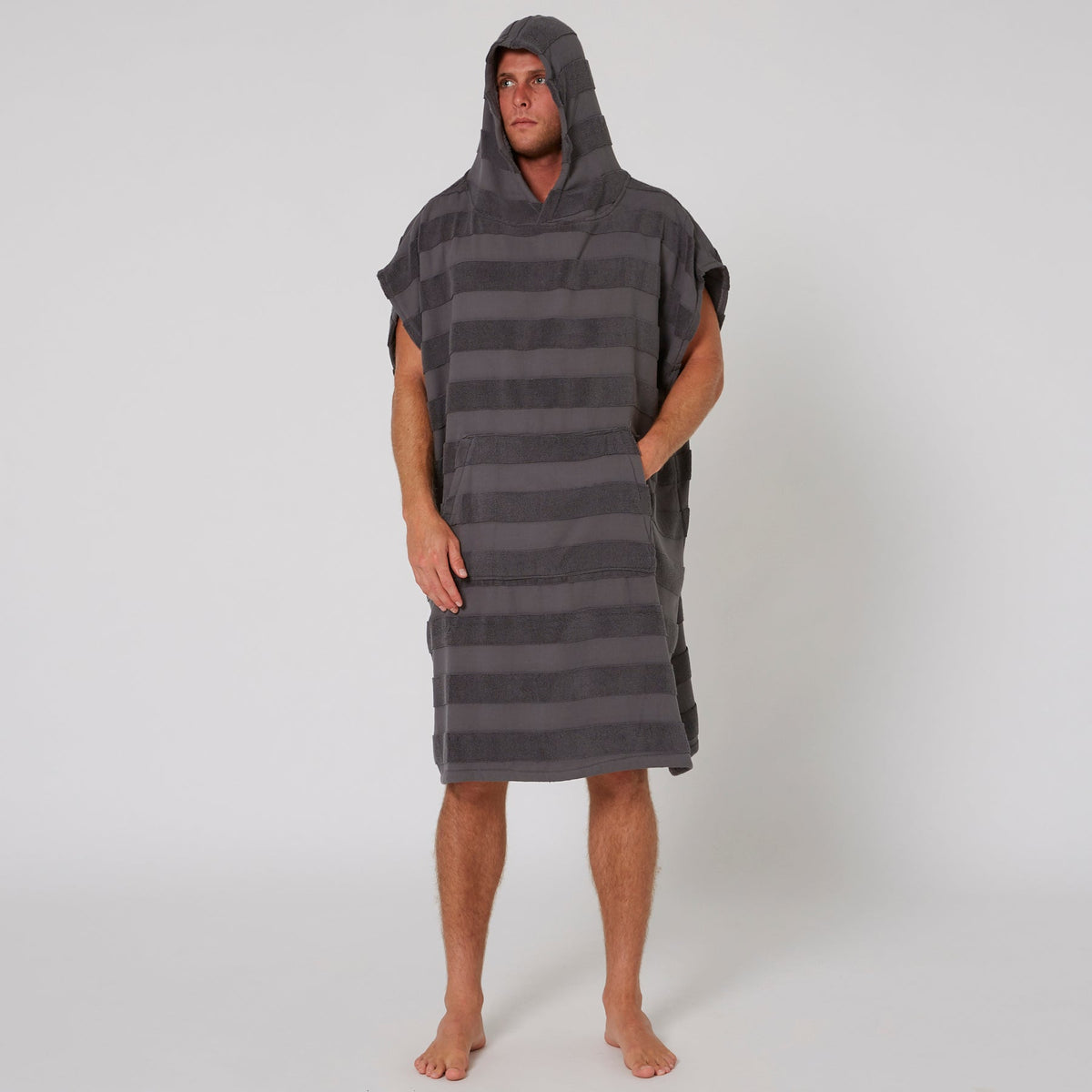 Ocean & Earth Mens Layz Hooded Poncho: Charcoal poncho worn with hood raised