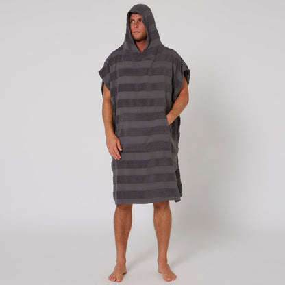Ocean & Earth Mens Layz Hooded Poncho: Charcoal poncho worn with hood raised