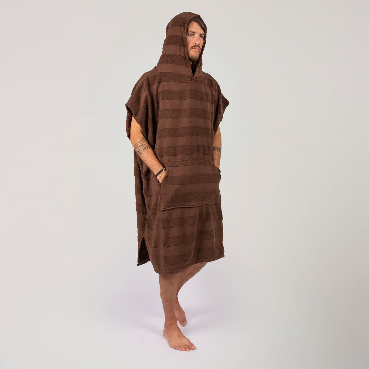 Ocean & Earth Mens Layz Hooded Poncho: Cocoa poncho worn with hood raised