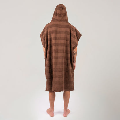 Ocean & Earth Mens Layz Hooded Poncho: Cocoa poncho worn, rear view