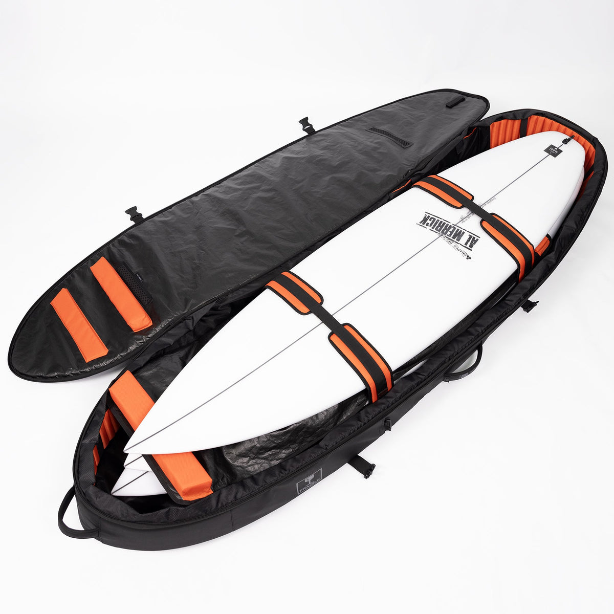 Ocean & Earth APEX Shortboard Travel Cover – 3 Board: opened APEX cover with protective straps
