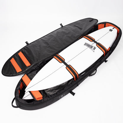 Ocean & Earth APEX Shortboard Travel Cover – 3 Board: opened APEX cover with protective straps