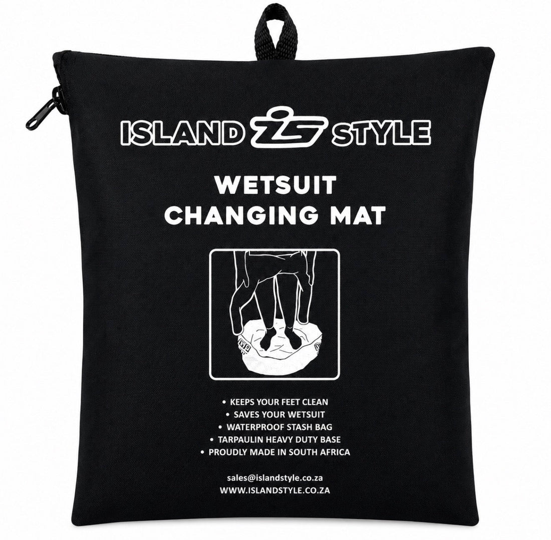 Island Style wetsuit changing mat with zip, packed in its black carrying bag