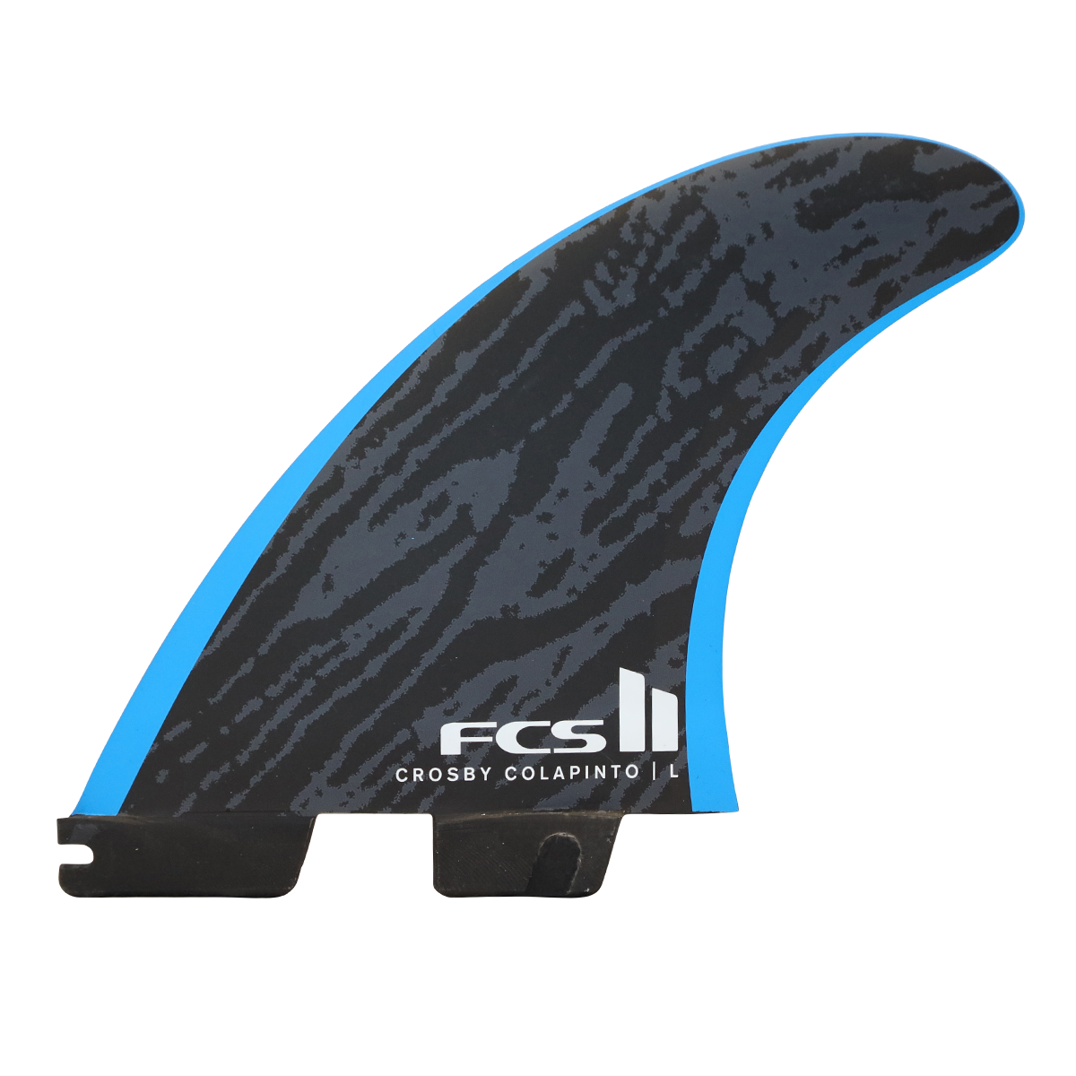 FCS II Crosby Colapinto Tri Fin Set - Performance Core: black and Blue Crosby Colapinto fin with patterned face and FCS logo