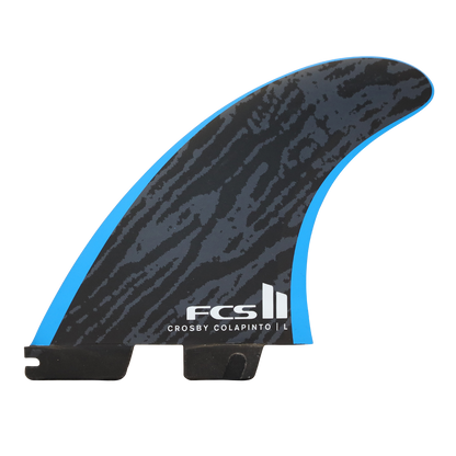 FCS II Crosby Colapinto Tri Fin Set - Performance Core: black and Blue Crosby Colapinto fin with patterned face and FCS logo