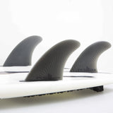 FCS II Reactor Tri Fins - Eco Neo Glass: three Ash fins mounted on a white board in the studio