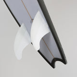 FCS II Mick Fanning Twin + Stabiliser Fins - PC + AirCore: angled underside view of the white fin setup