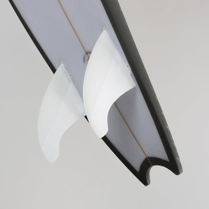 FCS II Mick Fanning Twin + Stabiliser Fins - PC + AirCore: angled underside view of the white fin setup