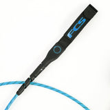 FCS Freedom Helix Leash - Longboard: black longboard railsaver with blue FCS lettering
