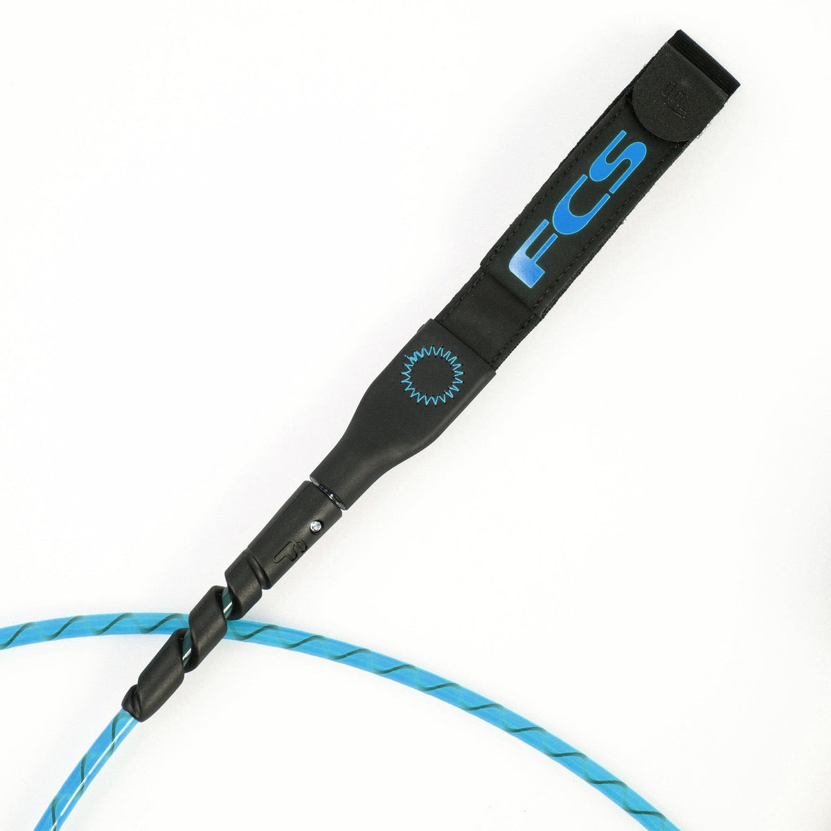 FCS Freedom Helix Leash - Longboard: black longboard railsaver with blue FCS lettering