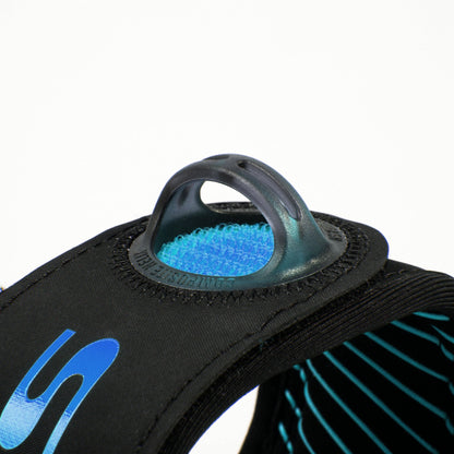 FCS Freedom Helix Leash - Longboard: blue grip print on the longboard quick release pull tab