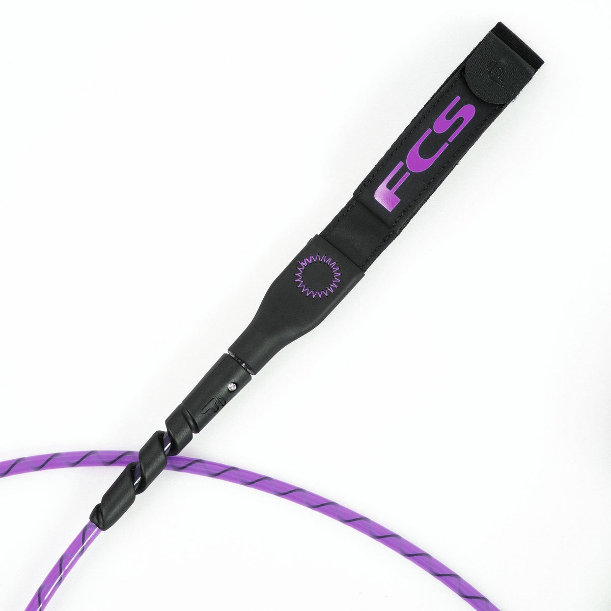 FCS Freedom Helix Leash - Comp 6 ft: slim black railsaver with purple FCS branding