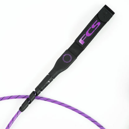 FCS Freedom Helix Leash - Comp 6 ft: slim black railsaver with purple FCS branding