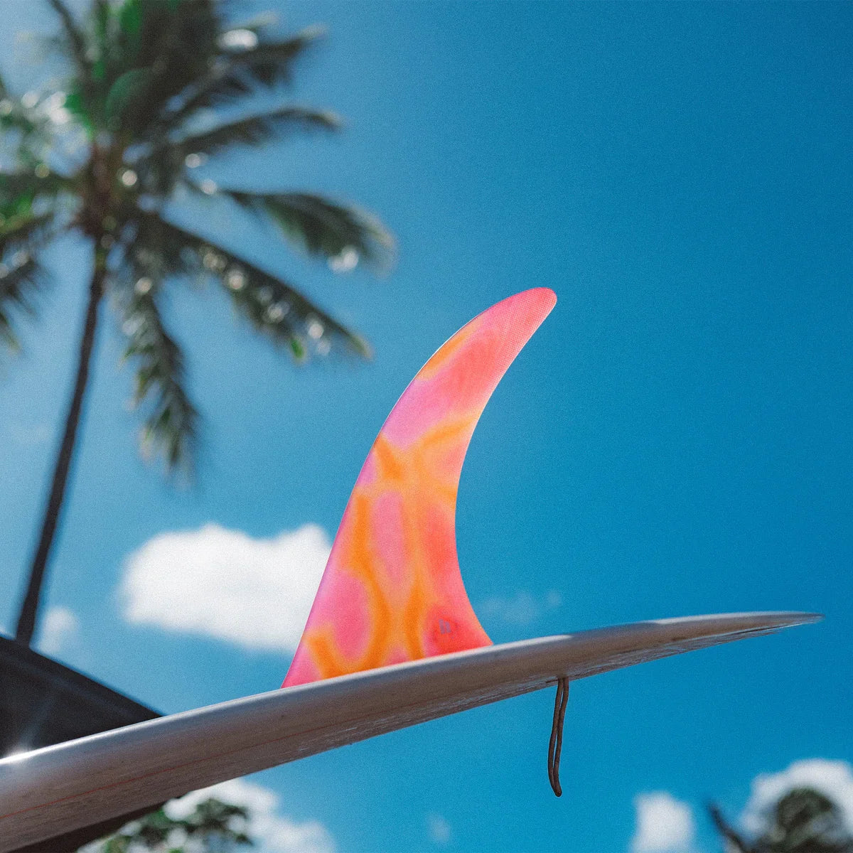 FCS II Kelia Moniz Longboard Fin - Performance Glass: pink and orange Sunset Glass fin against a blue sky