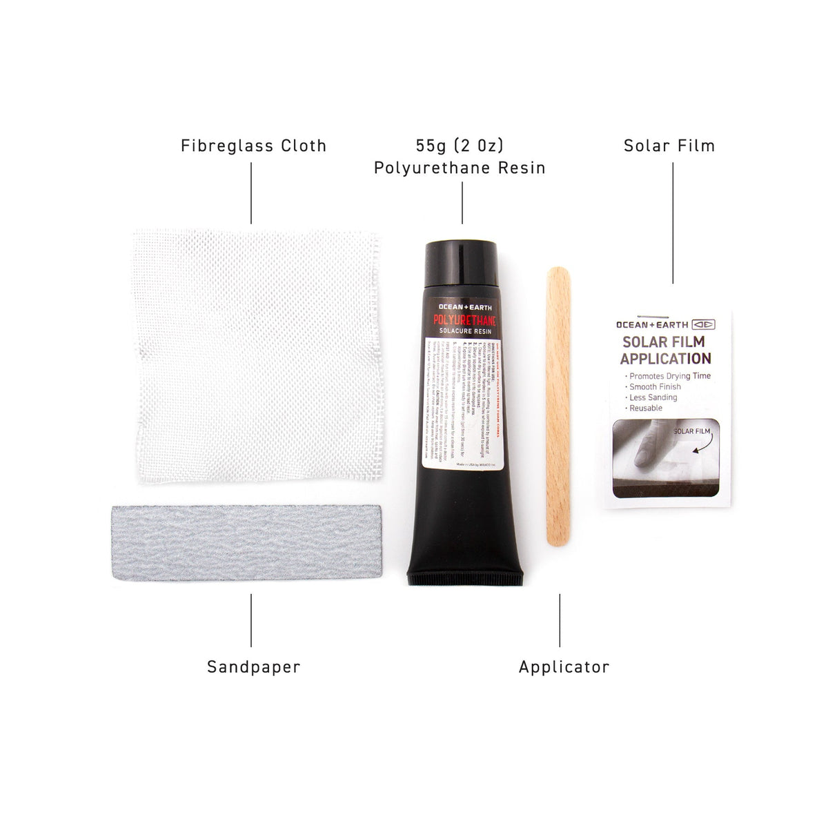 Ocean & Earth Solarcure Polyurethane Repair Kit – 55 g: Resin, cloth, solar film and repair tools laid out