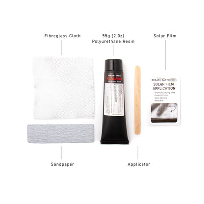 Ocean & Earth Solarcure Polyurethane Repair Kit – 55 g: Resin, cloth, solar film and repair tools laid out