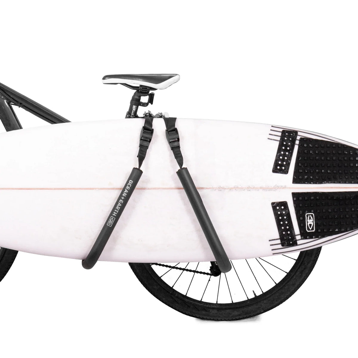 Ocean & Earth Side Loader Bike Rack: Surfboard supported beside the bicycle rear wheel