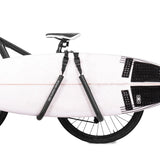 Ocean & Earth Side Loader Bike Rack: Surfboard supported beside the bicycle rear wheel