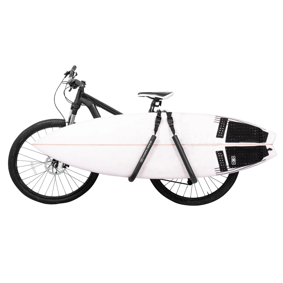 Ocean & Earth Side Loader Bike Rack: Surfboard fitted beside a bicycle