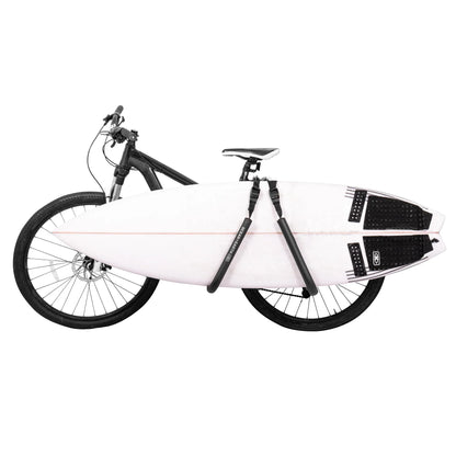 Ocean & Earth Side Loader Bike Rack: Surfboard fitted beside a bicycle
