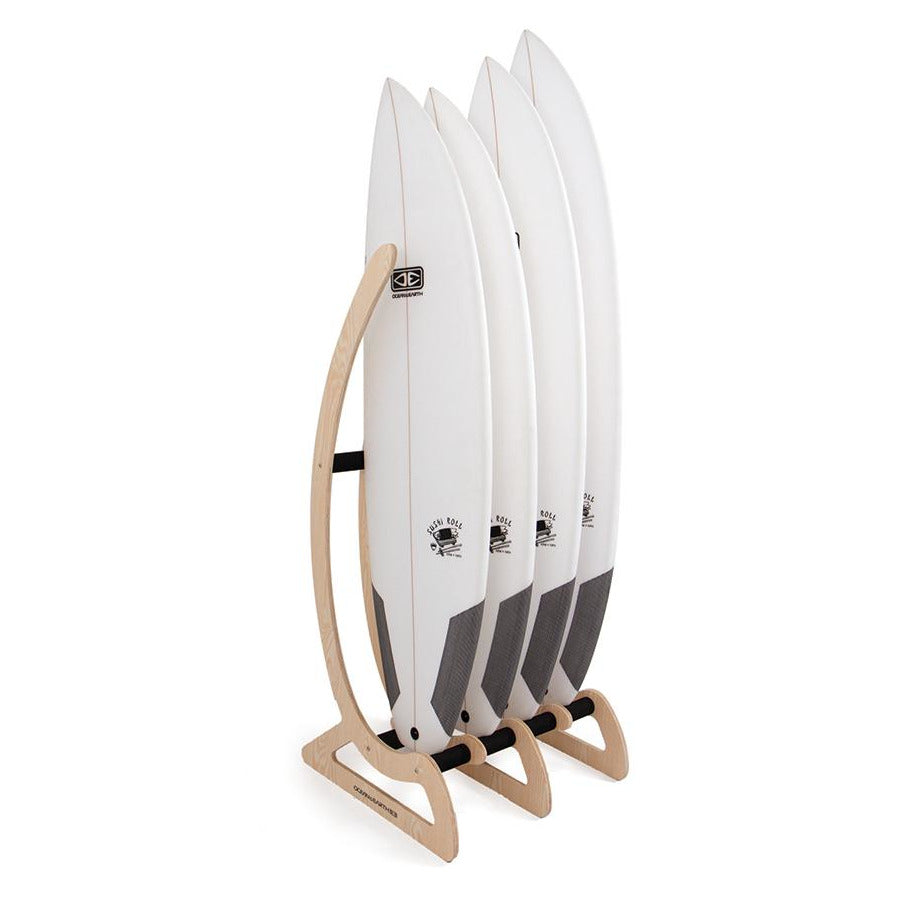 Ocean & Earth Timber Free Standing Rack: Four surfboards arranged in the stand