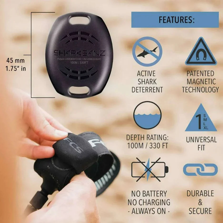 Sharkbanz feature graphic showing dimensions, storage depth and cuff attachment