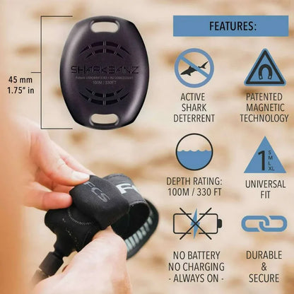 Sharkbanz feature graphic showing dimensions, storage depth and cuff attachment