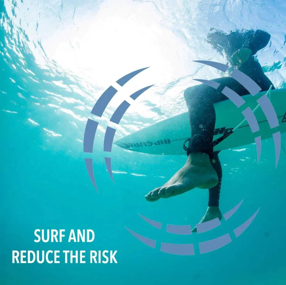 Underwater surfing image with the Sharkbanz product graphic