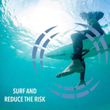 Underwater surfing image with the Sharkbanz product graphic