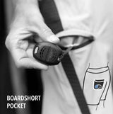 Black and white photograph of the POD being placed in boardshorts