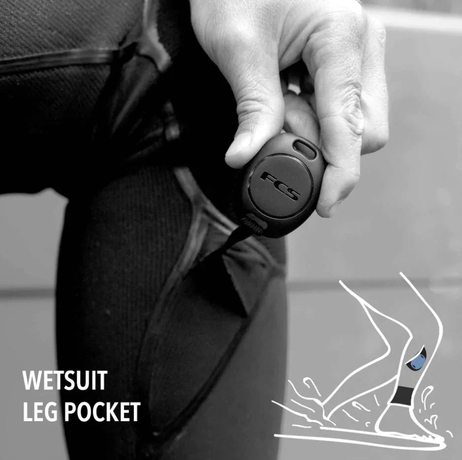 Black and white photograph showing the POD at a wetsuit leg pocket