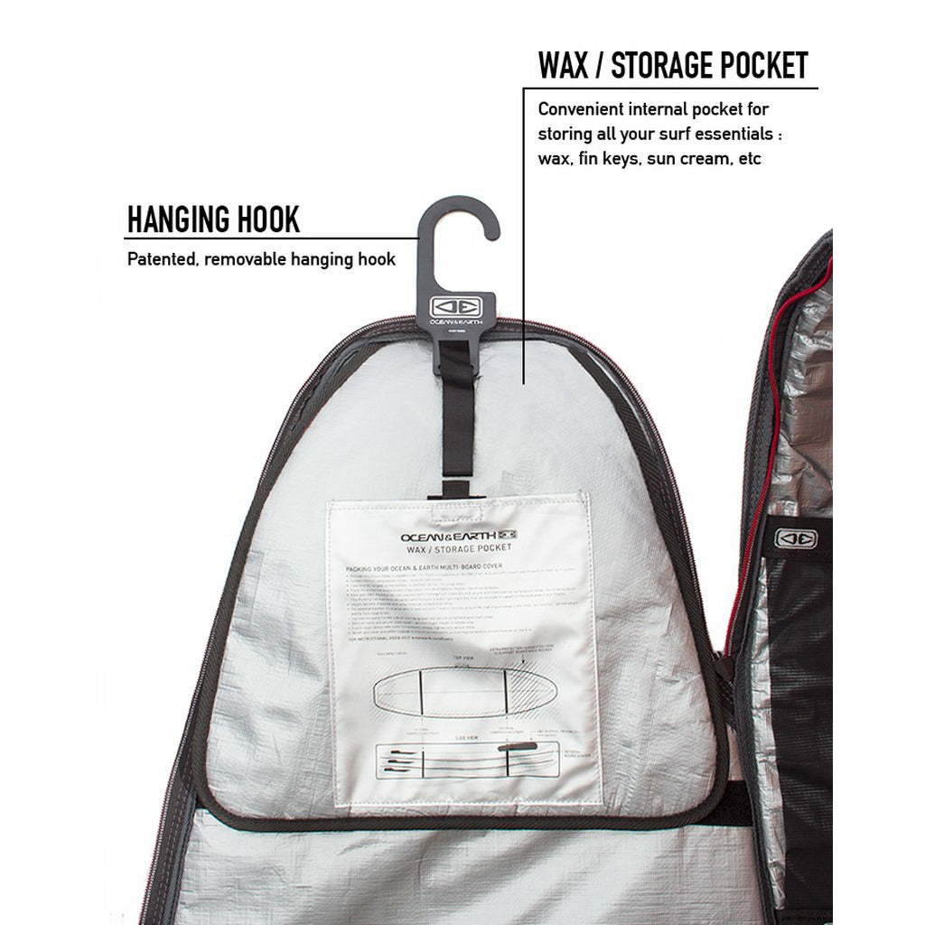 Ocean & Earth Quad Coffin Shortboard Cover: hanging hook and storage-pocket illustration