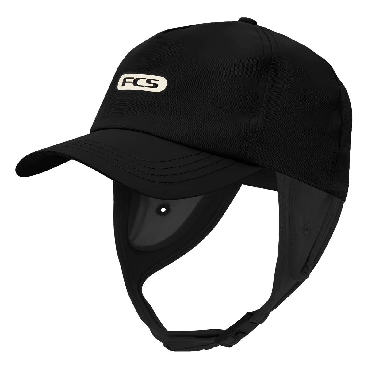 FCS Essential Trucker Wet Cap: black wet trucker cap, profile view
