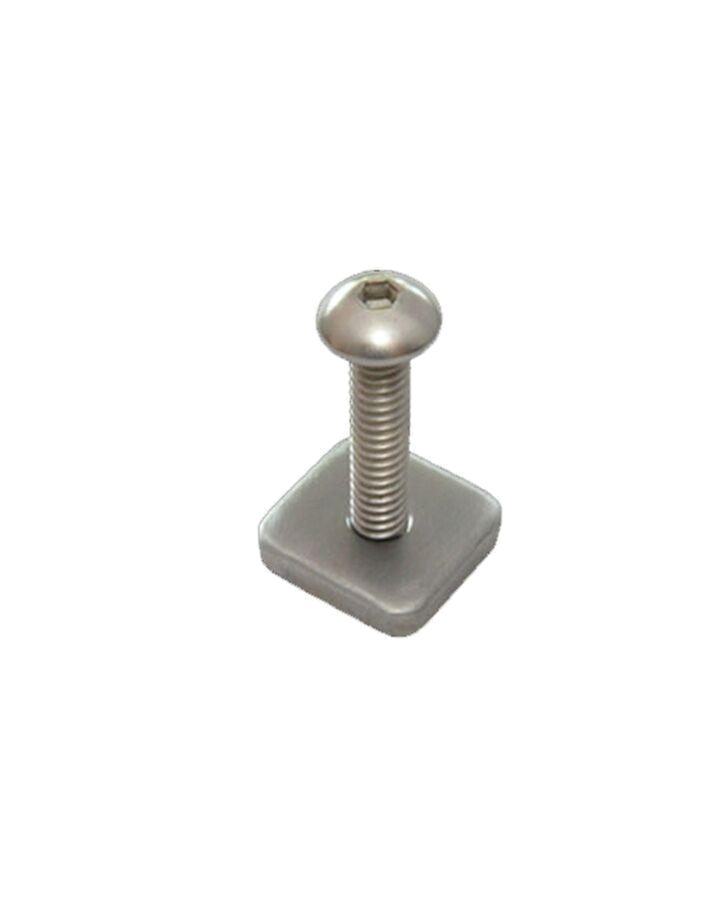 Longboard screw threaded through a square metal fastening plate