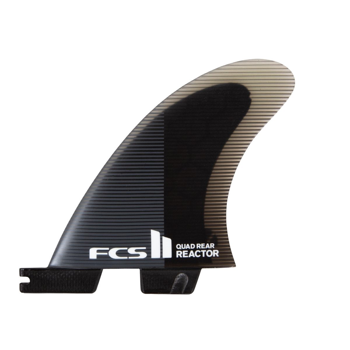FCS II Reactor Quad Rear Fins - Performance Core: charcoal and black quad rear fin with white Reactor lettering