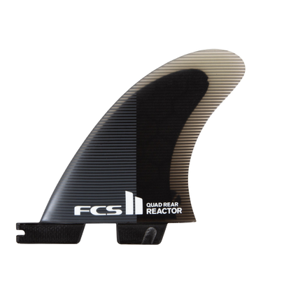 FCS II Reactor Quad Rear Fins - Performance Core: charcoal and black quad rear fin with white Reactor lettering