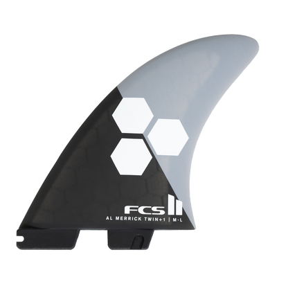 FCS II Al Merrick Twin + Stabiliser Fins - Performance Core: grey and Charcoal twin fin with white Channel Islands hexagons